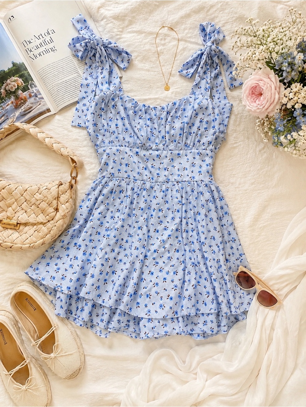 Blue Floral Tie-Shoulder Romper Dress | Cottagecore Brunch Mini | Lined